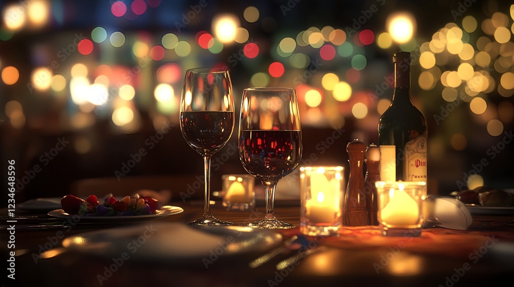 Romantic Dinner Setup with Candles and Wine in a Cozy Atmosphere Romantic Dinner Setup with Candles and Wine in a Cozy Atmosphere