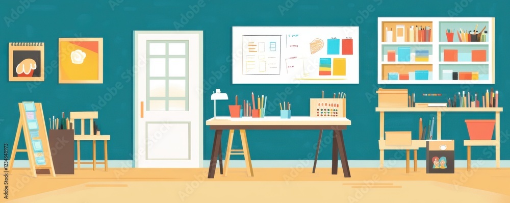 A bright, modern art studio with a wooden table, shelves of supplies, and colorful wall art, creating an inspiring creative workspace. A bright, modern art studio with a wooden table, shelves of supplies, and colorful wall art, creating an inspiring creative workspace.