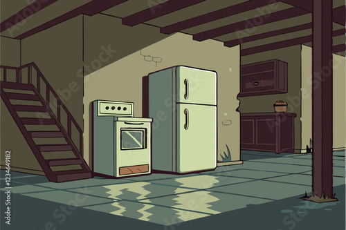  Flooded basement kitchen, standing water, submerged appliances, eerie lighting, reflections on water surface, urban decay, post-apocalyptic atmosphere, damaged furniture, mold-covered walls, disast