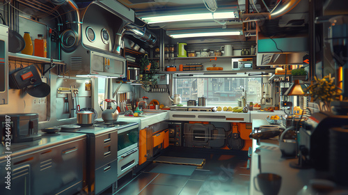 Capture a worms-eye view of a futuristic kitchen using photorealistic digital rendering techniques Show innovative culinary tools and spaces in vibrant, sleek design photo