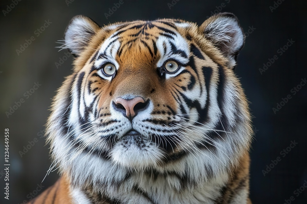 Fototapeta premium majestic siberian tiger portrait in dramatic chiaroscuro lighting, intense eyes, detailed fur texture, studio black background