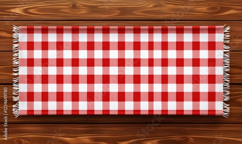 A white wooden table covered with a red checkered picnic tablecloth