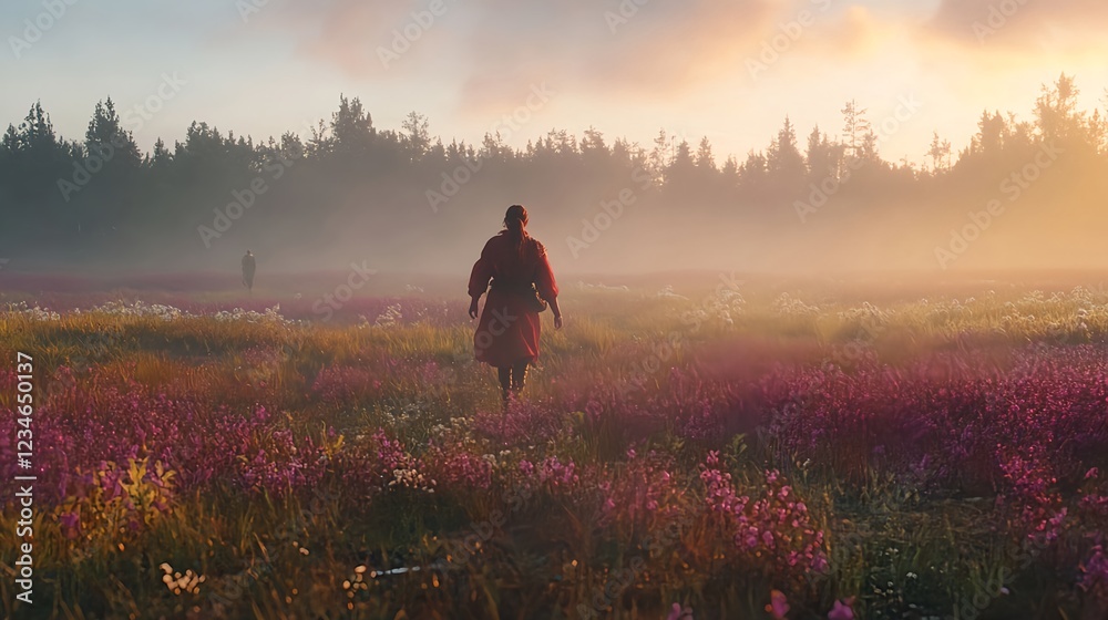 Fototapeta premium Model Walking Through Blooming Field in Spring Fashion Editorial