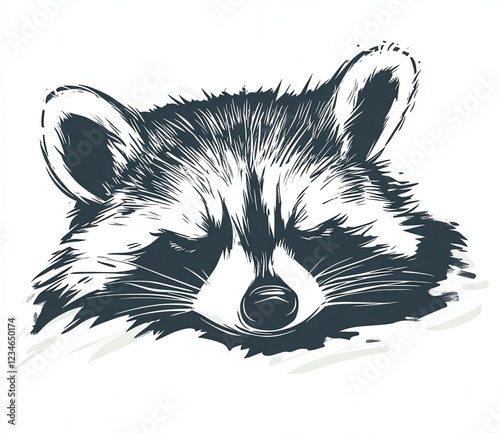 Close up illustration of a raccoon's face, depicted in grayscale with a textured, sketchy style. The raccoon appears calm and observant