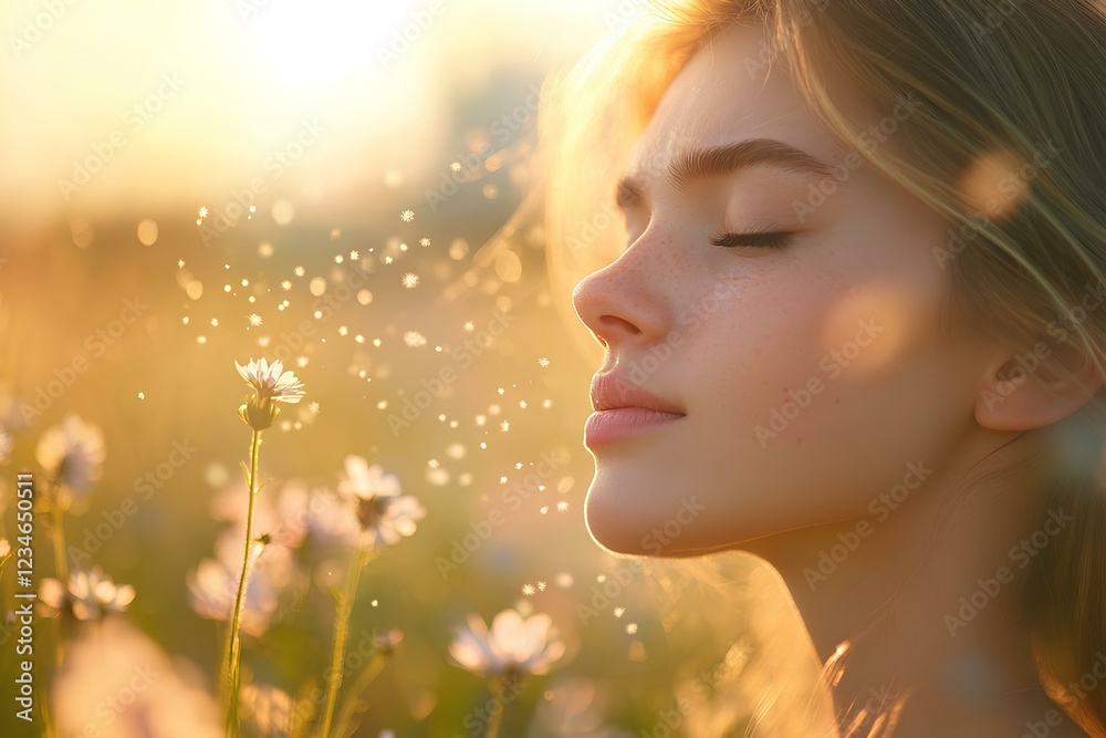 Fototapeta premium A woman sneezing in a sunlit meadow, surrounded by blooming flowers while allergen particles float in the air, teary eyes and discomfort visible, soft pastel tones, sunny and dreamy environment 