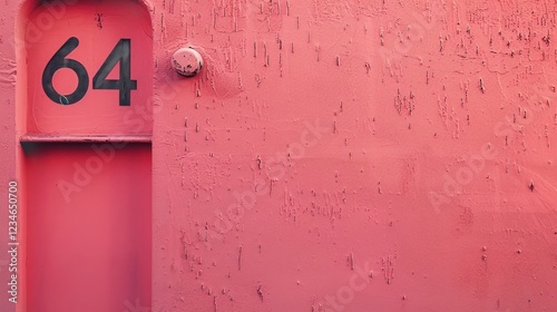 Coral pink wall with number 64 written in black. Copy space