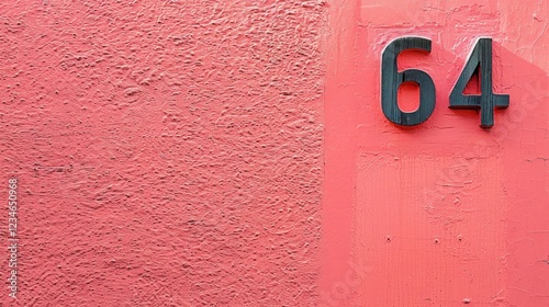 Coral pink wall with number 64 written in black. Copy space
