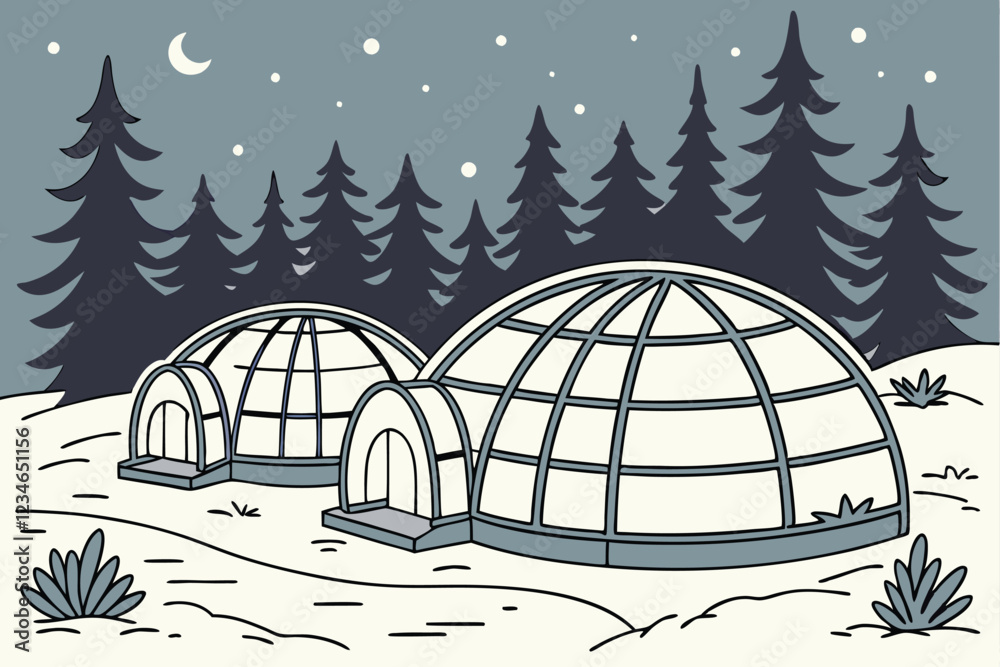Fototapeta premium Winter wonderland, futuristic glass igloos, snowy forest, cozy illuminated pods, twilight sky, pine trees, luxury resort, curved architecture, Nordic landscape, warm glow from inside, serene atmosp