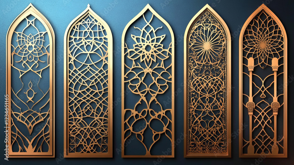 Obraz premium elegantly designed gold metal screen dividers featuring ornate laser-cut arabesque and islamic geometric patterns for luxurious interior design and architectural wall decor