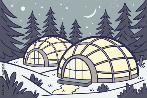 Cozy glass igloos, snowy forest, winter wonderland, glowing warm interiors, twilight atmosphere, pine trees, Finnish Lapland, luxury accommodation, aurora viewing domes, serene landscape, magical w