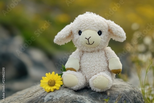 Cute Plush Lamb Toy on Rock
