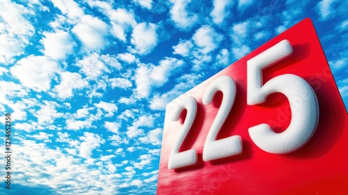 Number 225 against a bright blue sky with fluffy clouds photo