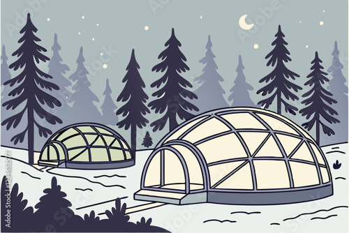 Cozy glass igloos, snowy forest, winter wonderland, glowing warm interiors, twilight atmosphere, pine trees, Finnish Lapland, luxury accommodation, aurora viewing domes, serene landscape, magical w