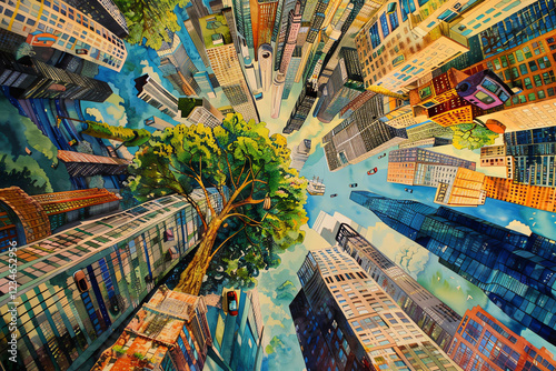 Capture the essence of a worms-eye view cityscape collage on traditional medium like watercolor Imagine a dreamlike city where skyscrapers morph into trees and cars float above rivers Use vivid colors photo