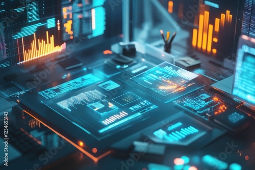 Wallpaper Mural A high-tech workspace featuring glowing screens, data analytics, and vibrant graphs, emphasizing a modern digital environment. Torontodigital.ca