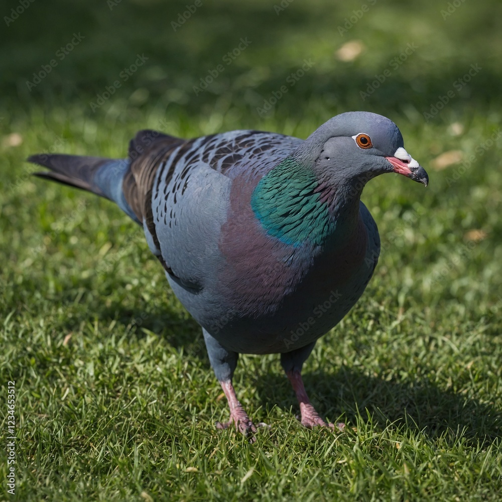 A joyful blue pigeon with a rounded beak, playing with a leaf on a vibrant green grassy background. A joyful blue pigeon with a rounded beak, playing with a leaf on a vibrant green grassy background.