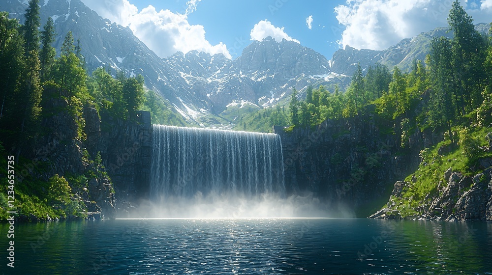 Fototapeta premium Majestic Waterfall cascading into a serene mountain lake, surrounded by lush greenery and snow-capped peaks under a bright sunny sky.