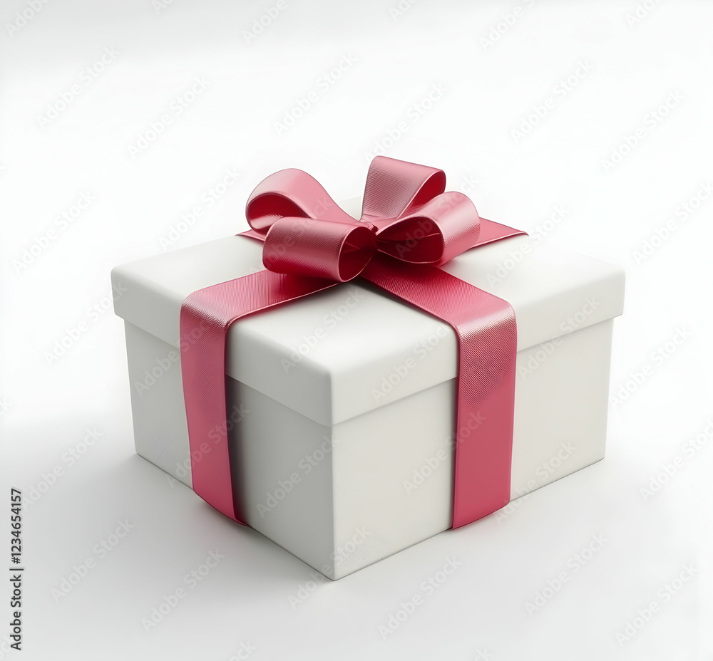 Fototapeta premium A Pristine White Gift Box Adorned with a Vibrant Crimson Bow, a Symbol of Celebration and Thoughtfulness