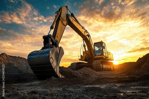 Crawler Excavator at Sunset Performing Earthwork on Construction Site photo