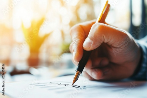 A hyper-realistic close-up of a person hand holding a pen poised to check off a box on a paper checklist, with fine details of the ink, paper texture, and hand lines photo