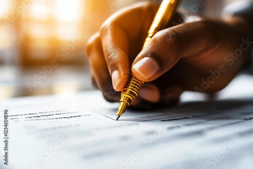 A hyper-realistic close-up of a person hand holding a pen poised to check off a box on a paper checklist, with fine details of the ink, paper texture, and hand lines photo