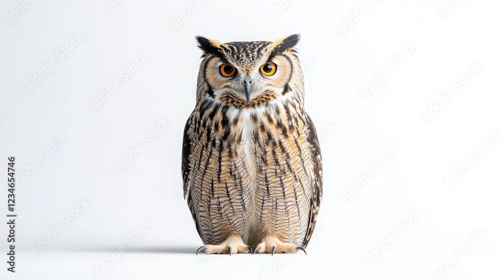 Fototapeta premium A majestic owl with striking orange eyes and intricate brown and beige speckled feathers is captured in a close up studio shot against a stark white