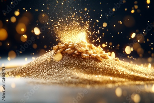 A hyper-realistic close-up of a substantial pile of freshly harvested grains, with intricate details of each kernel glowing in golden sunlight