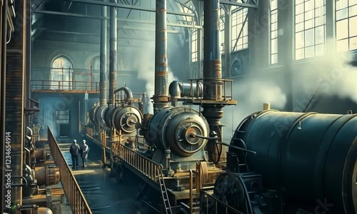 Dark Atmospheric Industrial Factory Interior With Large Metal Machinery And Steam Pipes