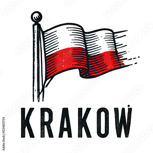 Vintage Kraków Logo with Stylized Polish Flag – Hand-Drawn Design in Red and White