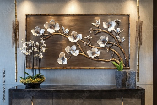 Contemporary wall art crafted from metal and bamboo, displayed as a focal point in a sophisticated home.