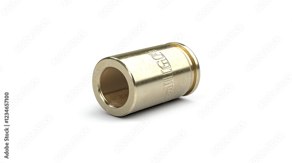 Macro Shot of Isolated Bullet Casing with Engraved Text on White Background Macro Shot of Isolated Bullet Casing with Engraved Text on White Background