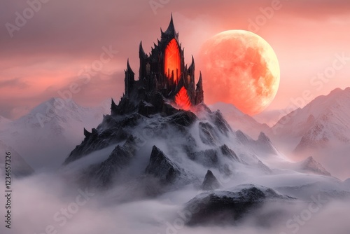 A moody, gothic scene of a towering castle standing significantly taller than the surrounding mountains, illuminated by a full moon and surrounded by mist