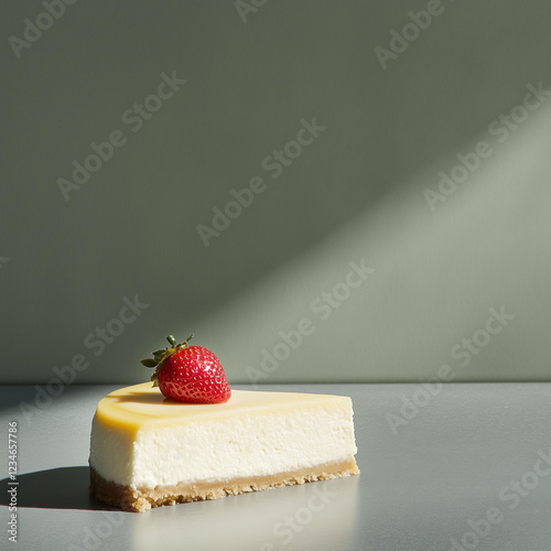 A slice of New York cheesecake topped with a strawberry, slate-gray background photo