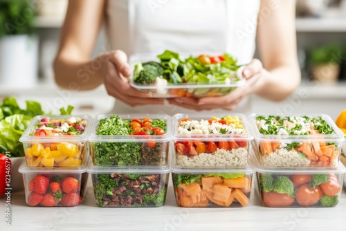 A parent packing sufficient food into lunchboxes for their children, standing in a brightly lit kitchen photo