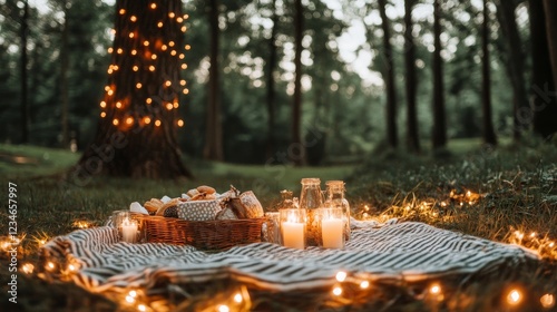 A hidden nook in the woods, embellished with twinkling ling fairy lights and a warm picnic blanket, beckons lovers to enjoy intimate moments