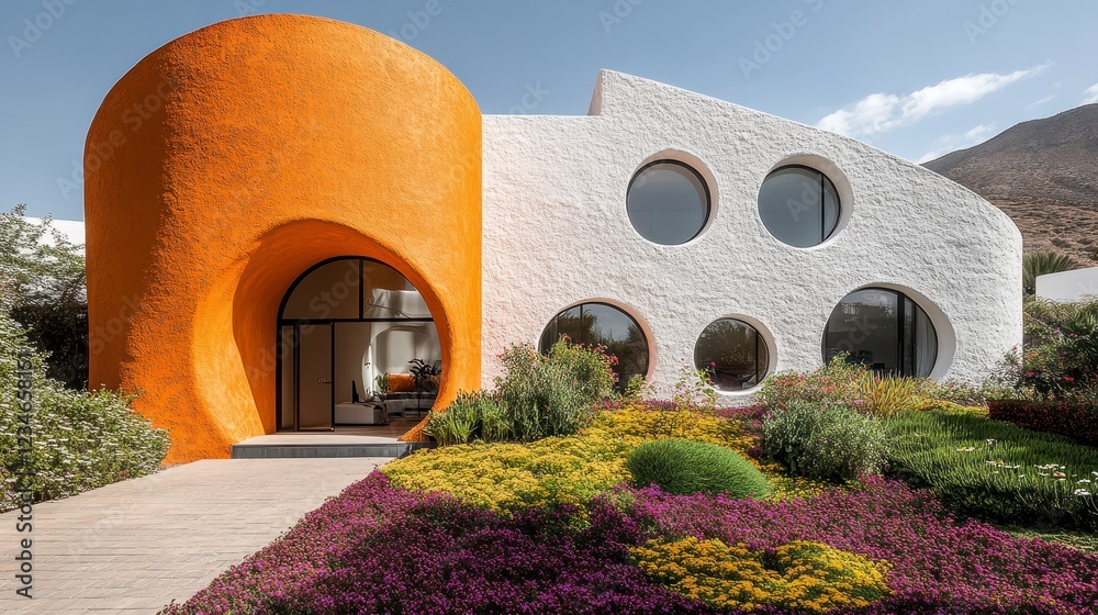 Fototapeta premium Modern architectural design featuring a unique building with orange and white textured walls, circular windows, and lush landscaping. Bright sunlight