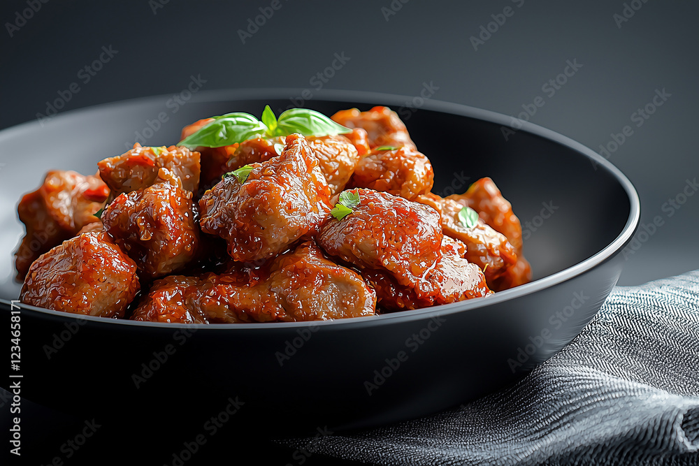 Succulent pieces of meat in a rich tomato sauce garnished with fresh basil on a black plate Succulent pieces of meat in a rich tomato sauce garnished with fresh basil on a black plate