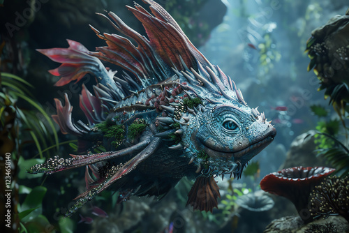 Capture the mystique of mythical creatures navigating enchanting underwater realms in a digital 3D rendering with unexpected camera angles, creating a mesmerizing scene photo