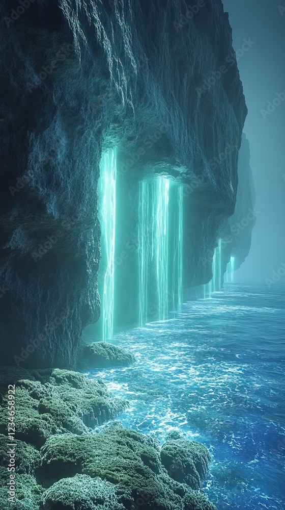 Obraz premium Light beams shine through cliff face into ocean water, misty setting