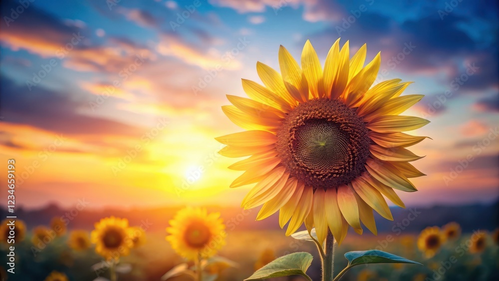 Obraz premium Vibrant sunflower blooms in soft morning light, illuminated by a warm golden glow, against a gentle gradient sky with hints of blue and pink hues , floral, soft focus