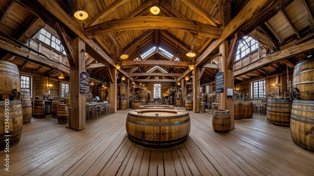 Rustic Interior of a Whiskey Distillery with Barrels and Wooden Architecture Rustic Interior of a Whiskey Distillery with Barrels and Wooden Architecture
