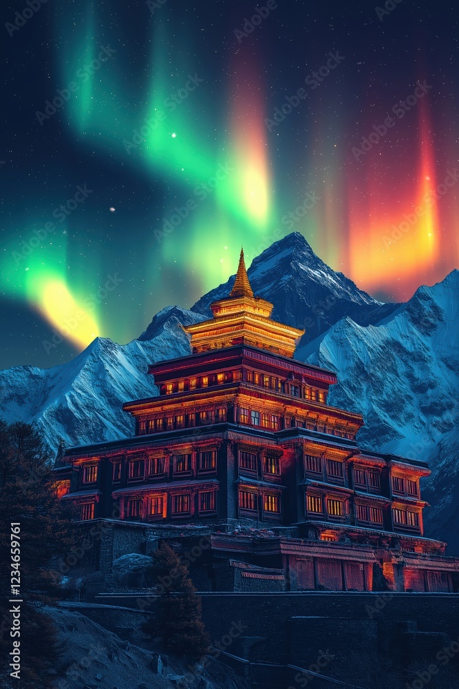Fototapeta premium Majestic mountain temple illuminated by northern lights against a starry night sky