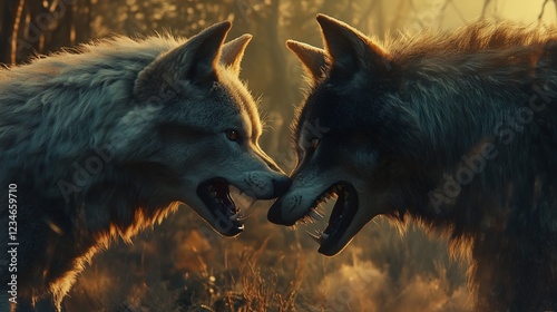 Two powerful alpha male wolves clash in an intense battle, their jaws locked and eyes fierce, as they fight to defend their pack and assert dominance.