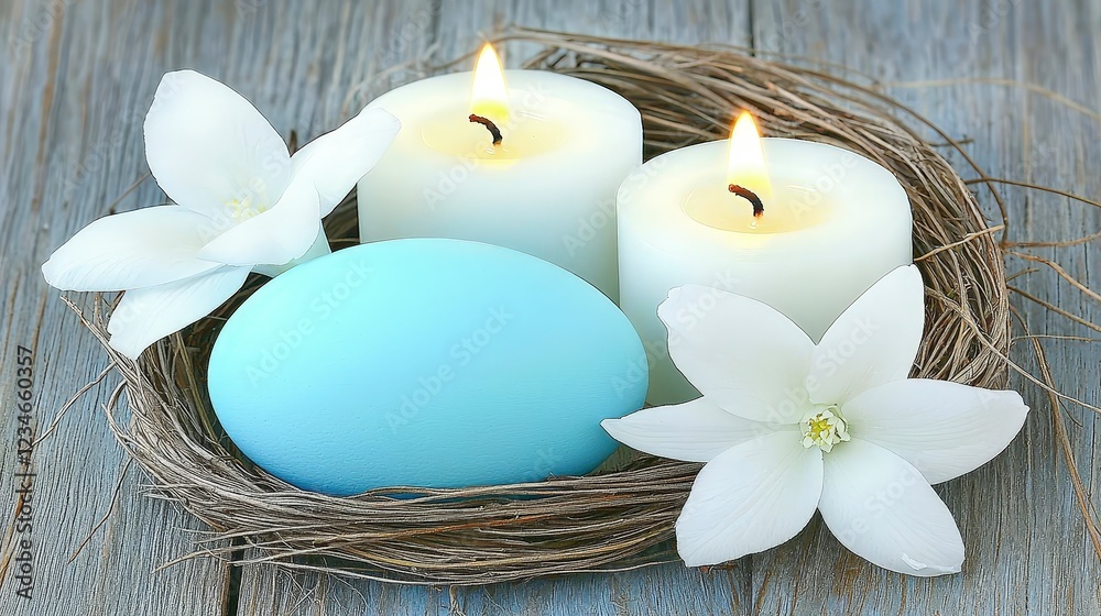 Blue Easter Egg Nest with Candles and White Flowers on Wood Blue Easter Egg Nest with Candles and White Flowers on Wood
