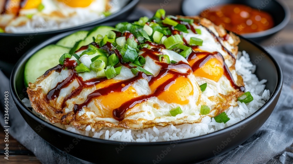 Delicious fried eggs over rice with scallions and sauce, garnished with cucumber and served with spicy dip Delicious fried eggs over rice with scallions and sauce, garnished with cucumber and served with spicy dip