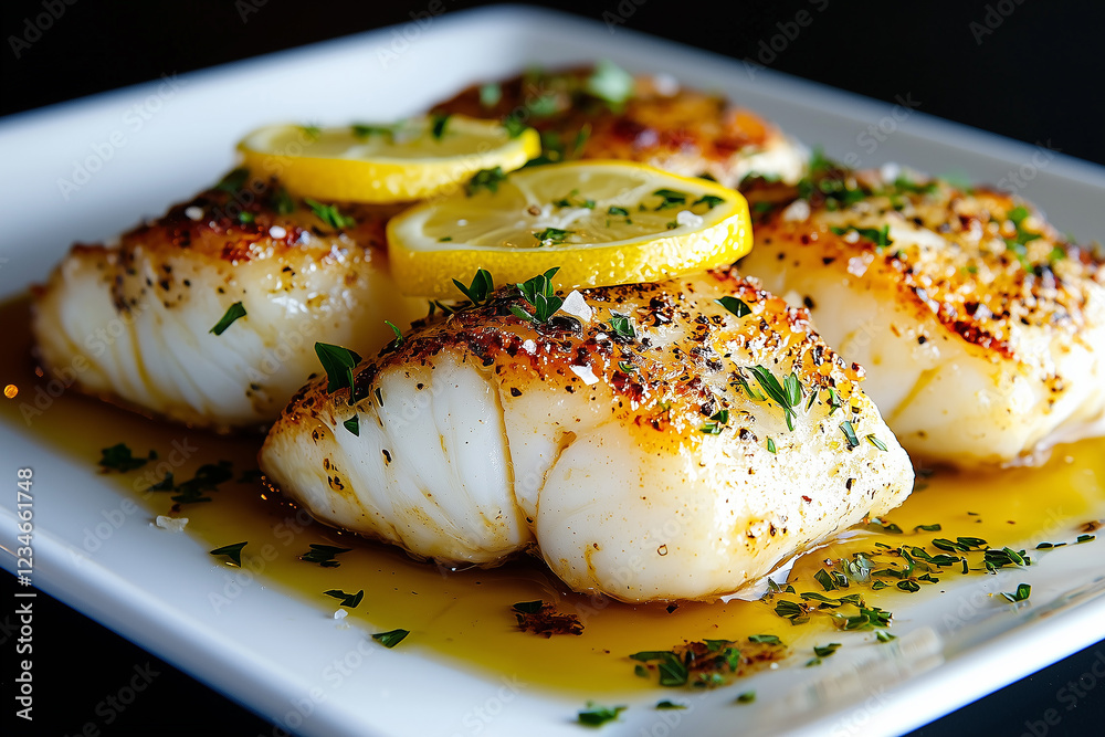 Deliciously cooked fish fillets garnished with lemon and herbs served on a white plate in a cozy restaurant setting Deliciously cooked fish fillets garnished with lemon and herbs served on a white plate in a cozy restaurant setting