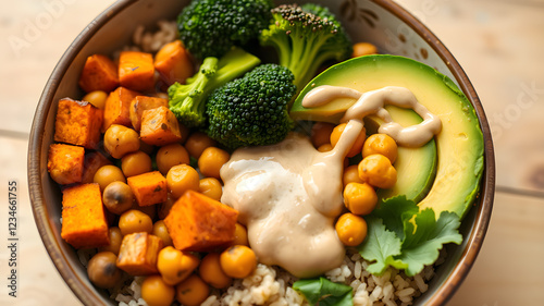 Vegan Buddha Bowl. A hearty bowl with a base of brown rice or quinoa, topped with roasted sweet potatoes, chickpeas, steamed broccoli, avocado, and a drizzle of tahini sauce. Generative AI