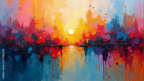 Vibrant sunset on a serene lake, reflected in the calm waters