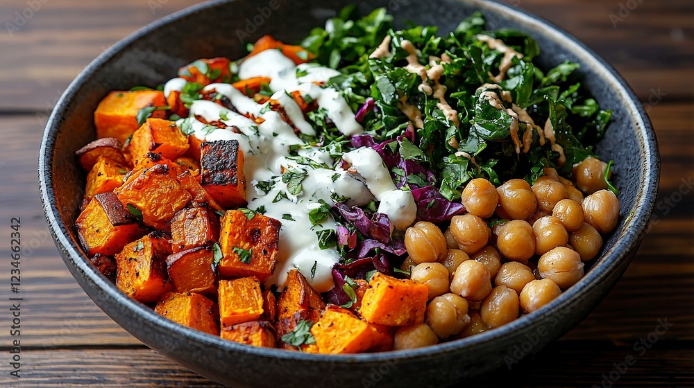 Fototapeta premium Colorful and Healthy Vegetarian Bowl with Roasted Sweet Potatoes, Greens, Tahini, and Yogurt Dressing