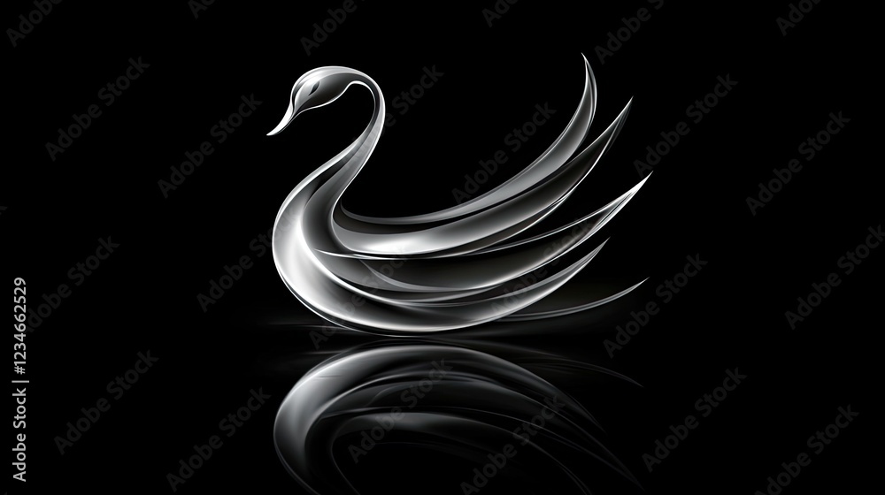 Obraz premium Abstract silver swan reflected on black background.